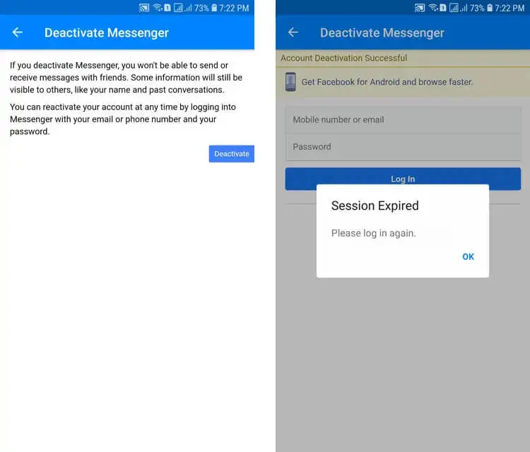 Deactivate account from Messenger
