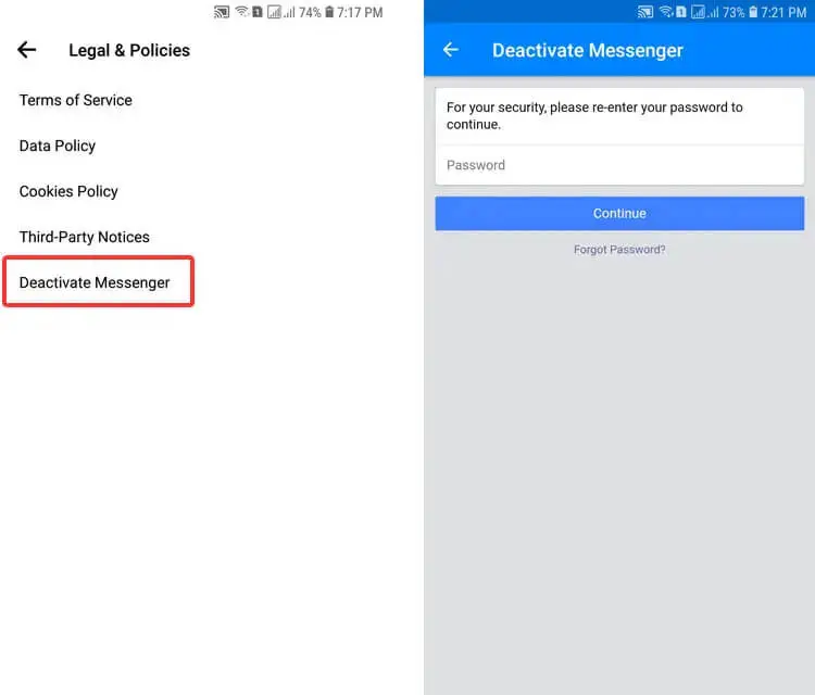 how to deactivate messenger account