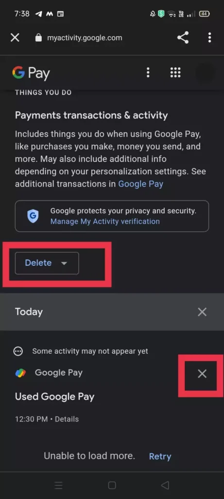 how to delete gpay single transaction history in mobile